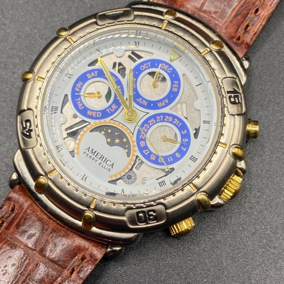 PERRY ELLIS America APE-1382 Watch Moon Phase Mixed Metals Leather Band - Picture 6 of 11